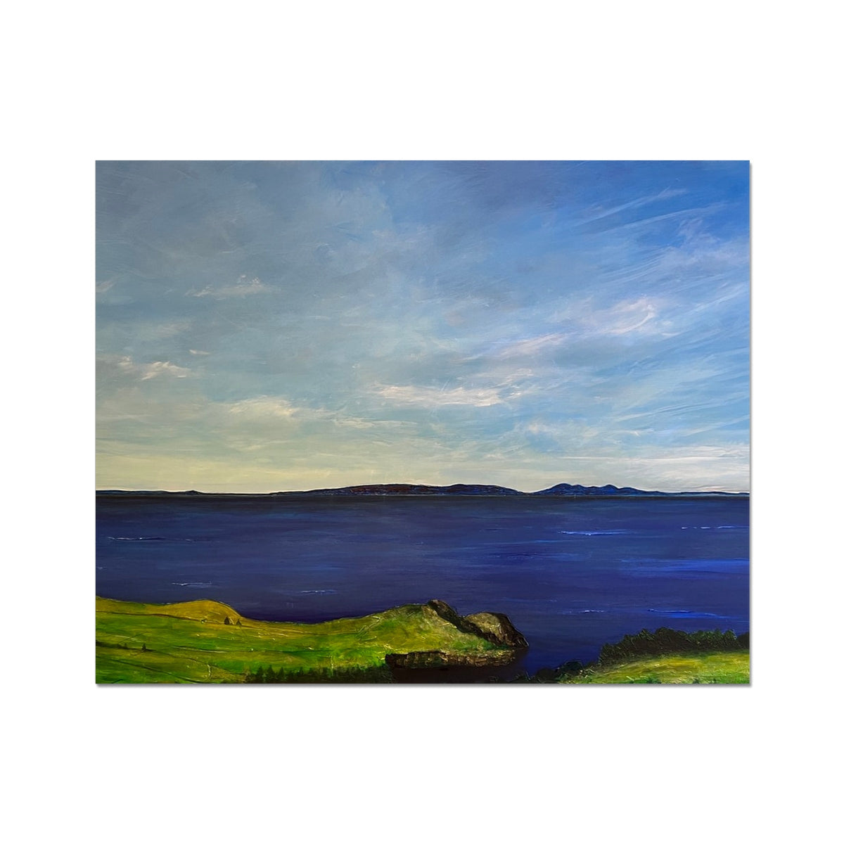 Blue ocean view canvas print with green grass, sky, From Ireland To Scotland artist proof