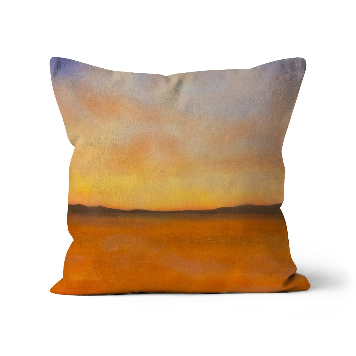 Islay Dawn Cushion: orange sunset watercolor pillow in blue-yellow hues