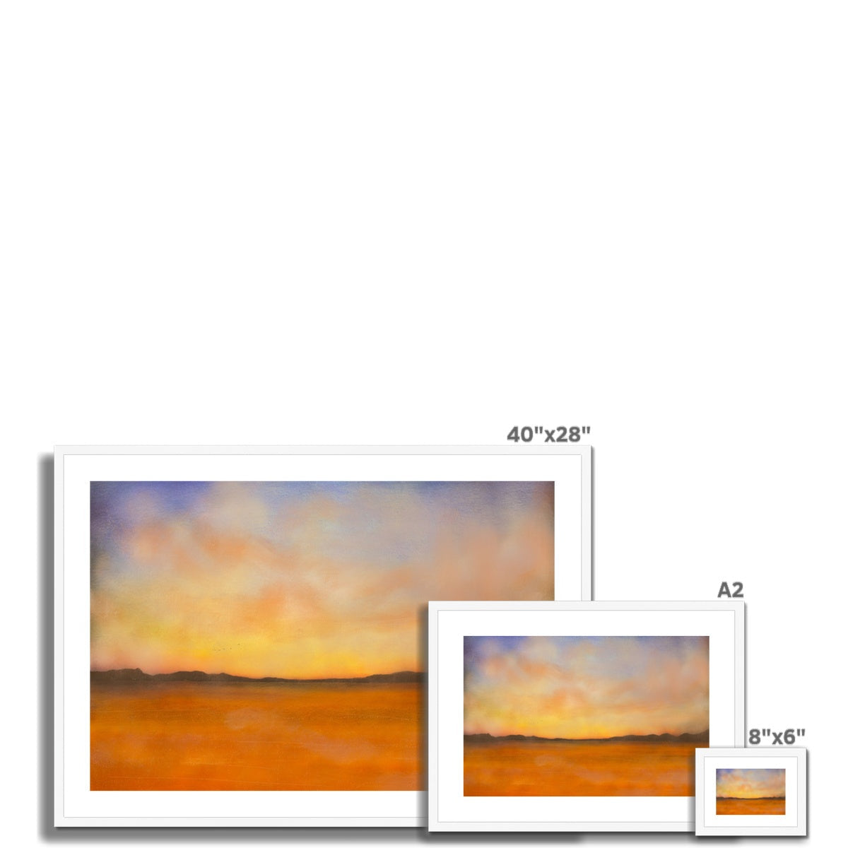 Islay Dawn 40x28 inch landscape painting in warm orange yellow hues framed in white