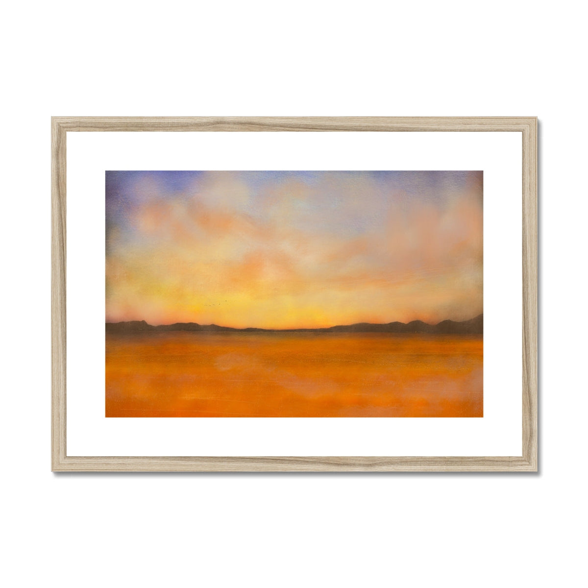 Gold-framed Islay Dawn abstract landscape print in warm orange hues