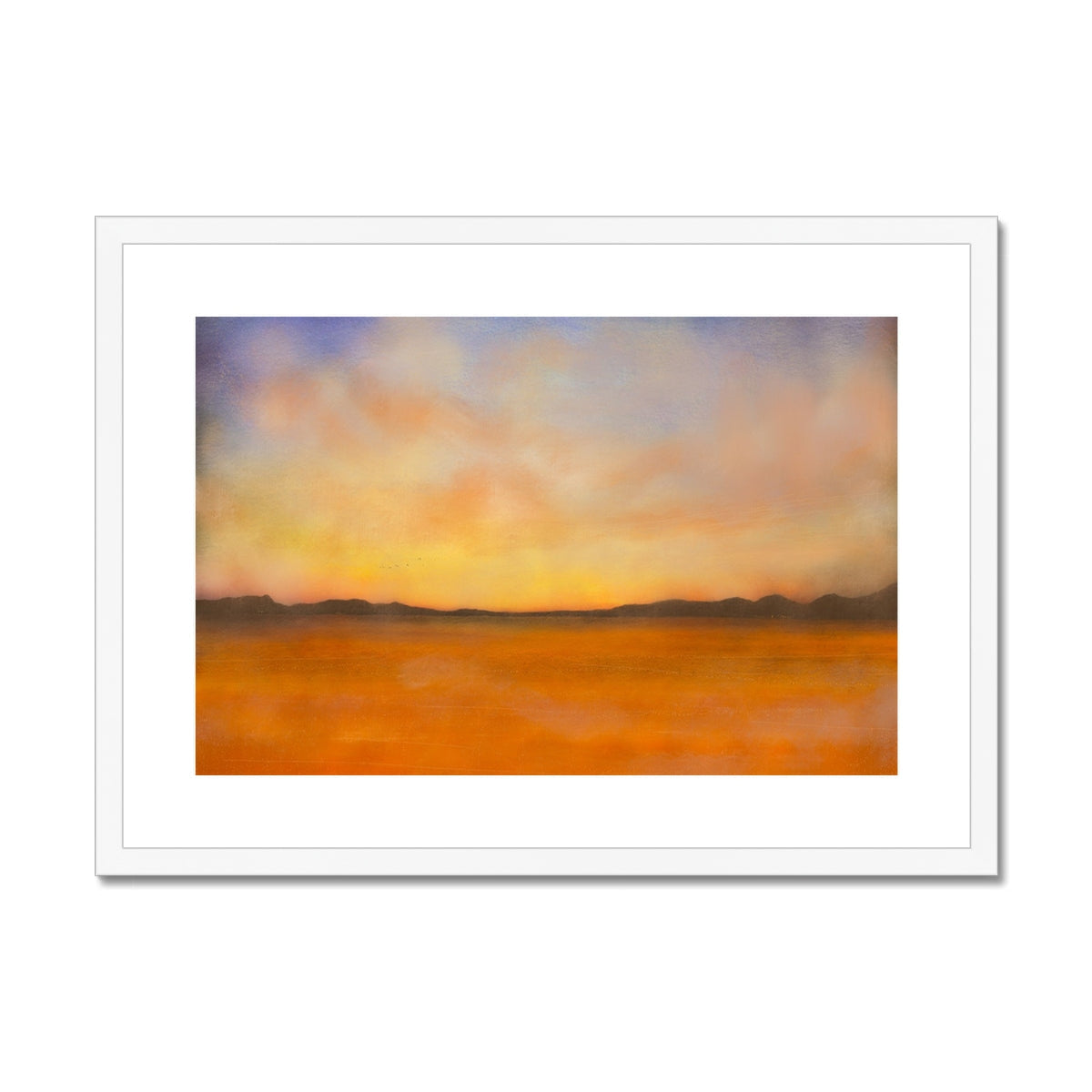 White framed Islay Dawn sunset canvas print with warm hues