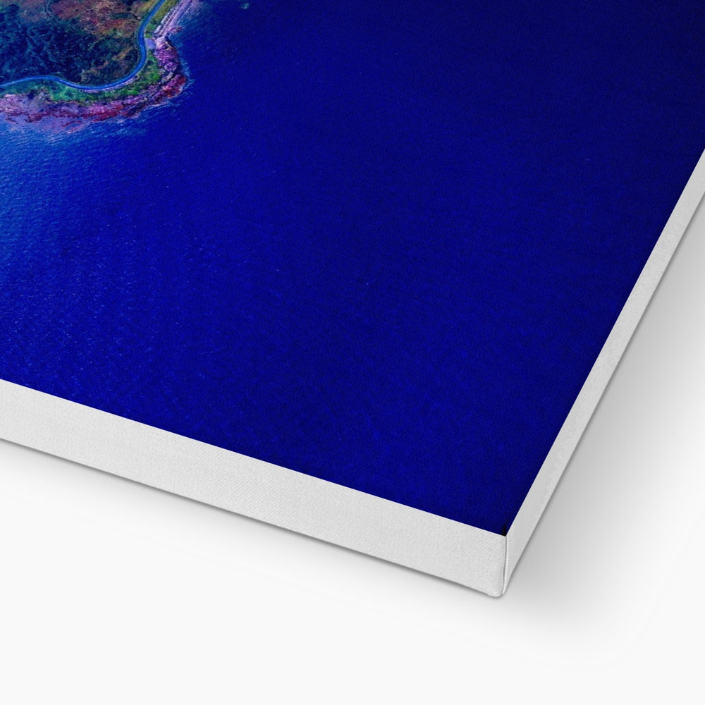Vibrant Isle of Cumbrae coastal canvas print with blues, greens, and distant island