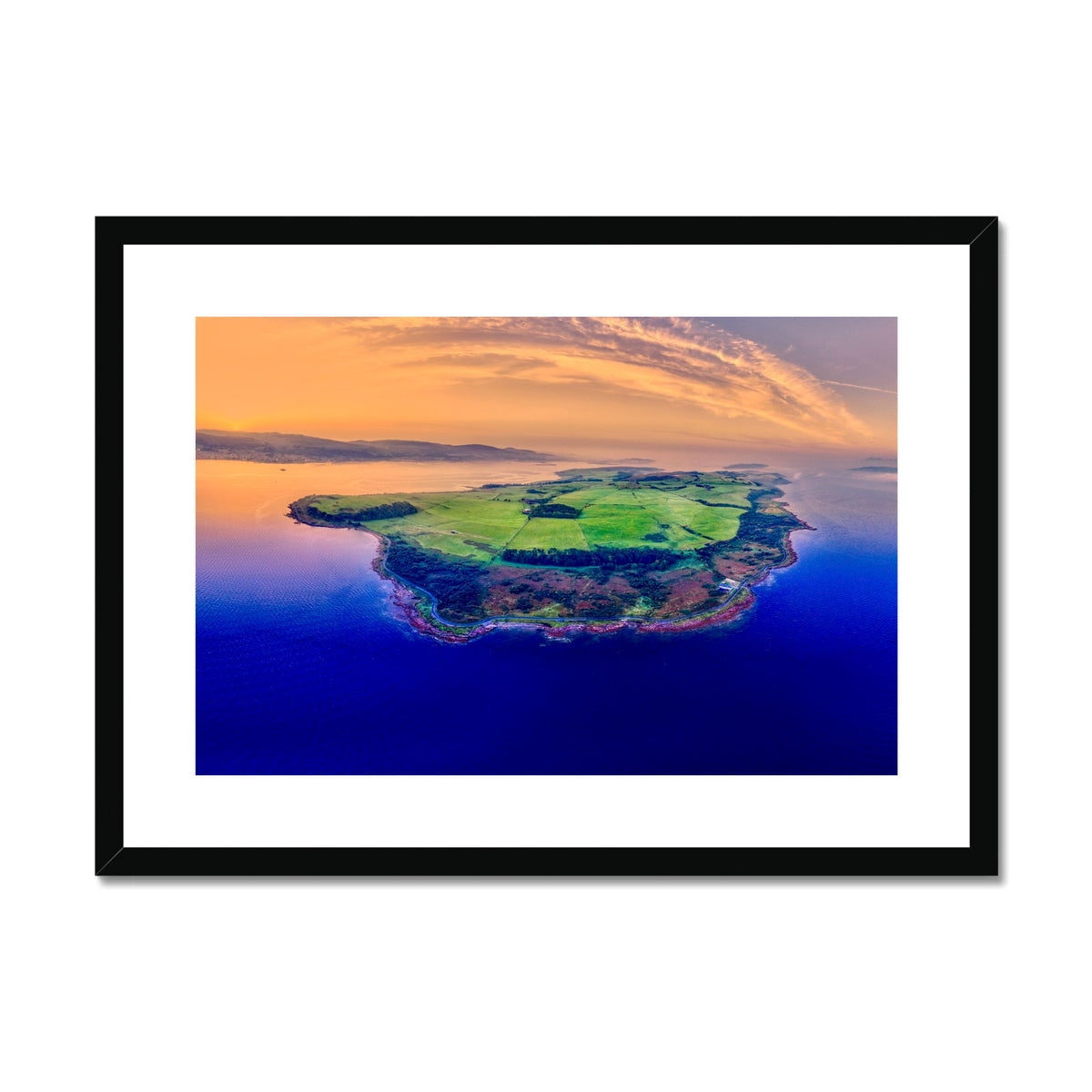 Framed Isle of Cumbrae landscape print with green land and blue ocean