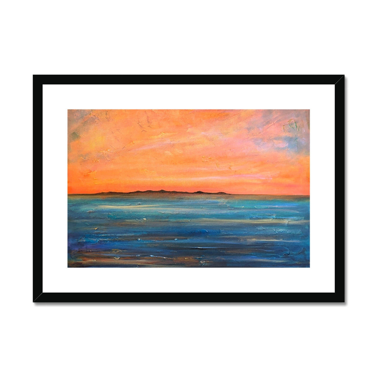 The Isle of Gigha framed sunset painting in orange and blue hues