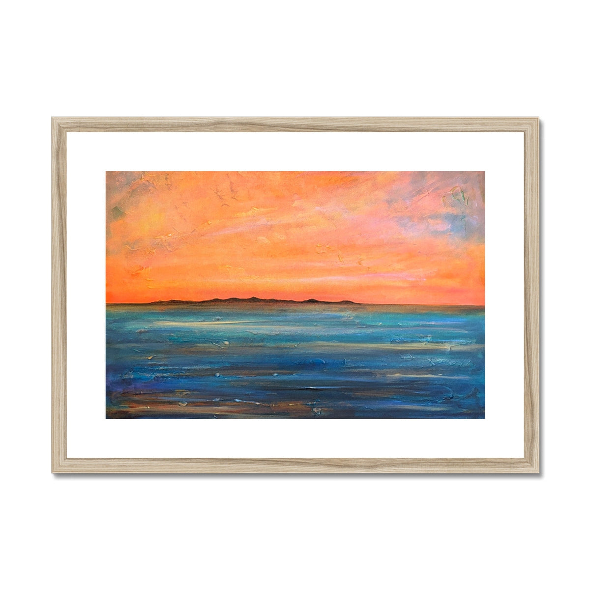 The Isle of Gigha framed sunset ocean print in orange and blue