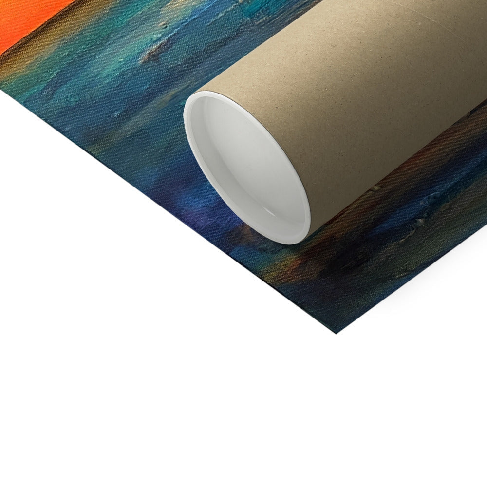 Brown cardboard tube with abstract blue orange print of Isle of Gigha