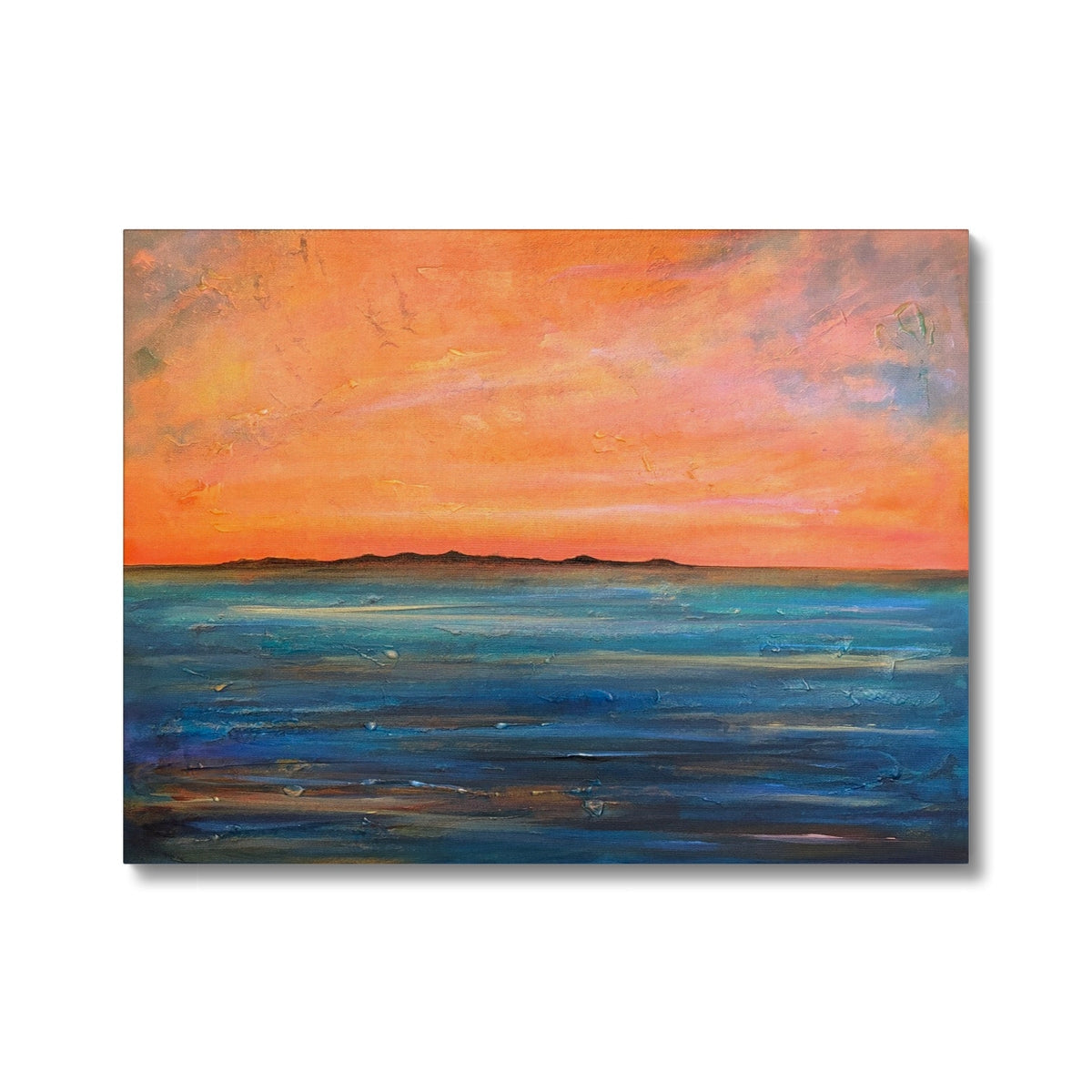 Orange sunset canvas wall art of Isle of Gigha with blue water silhouette