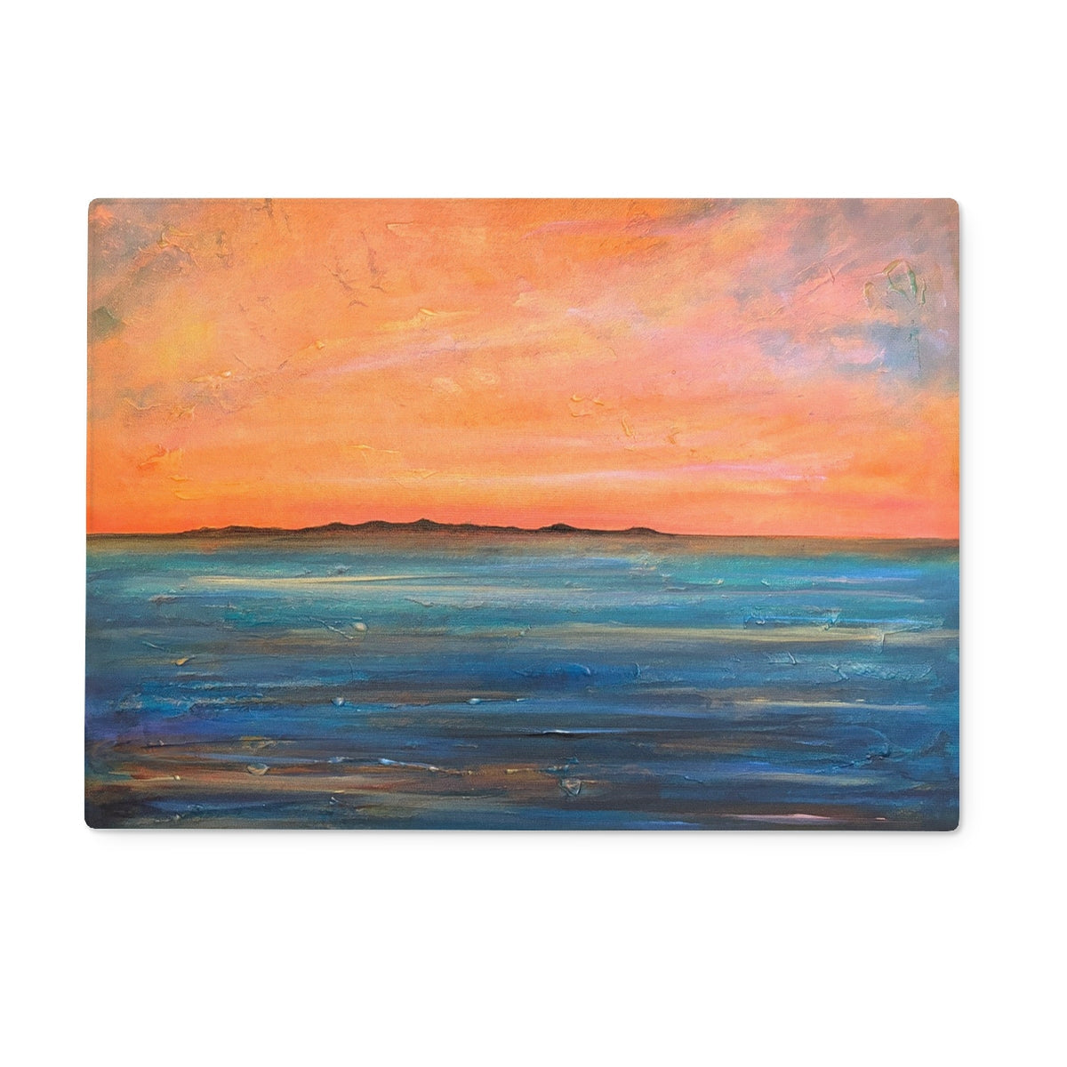 Orange sunset beach scene on Isle of Gigha glass chopping board