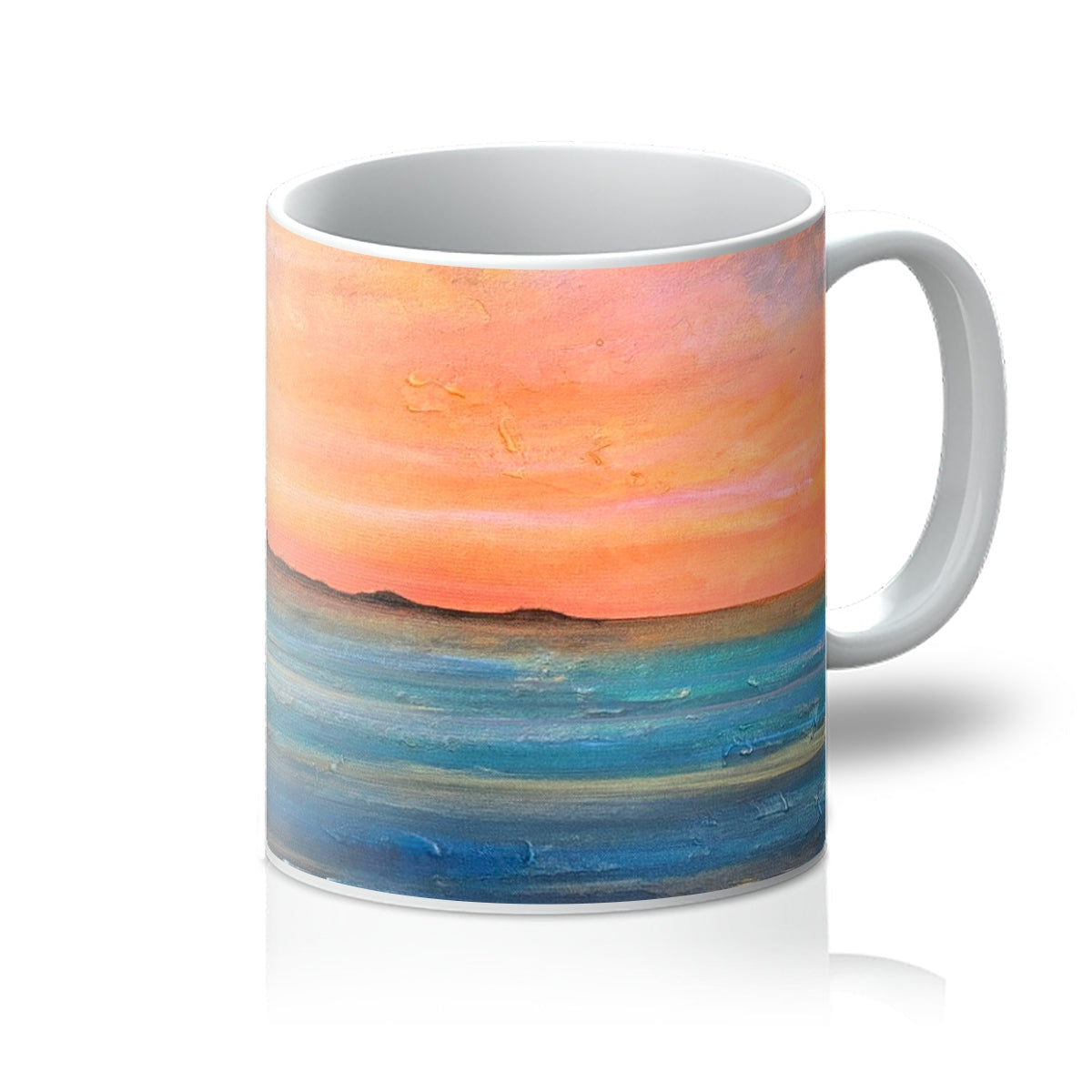 The Isle of Gigha ceramic mug with glossy abstract sunset in orange and blue