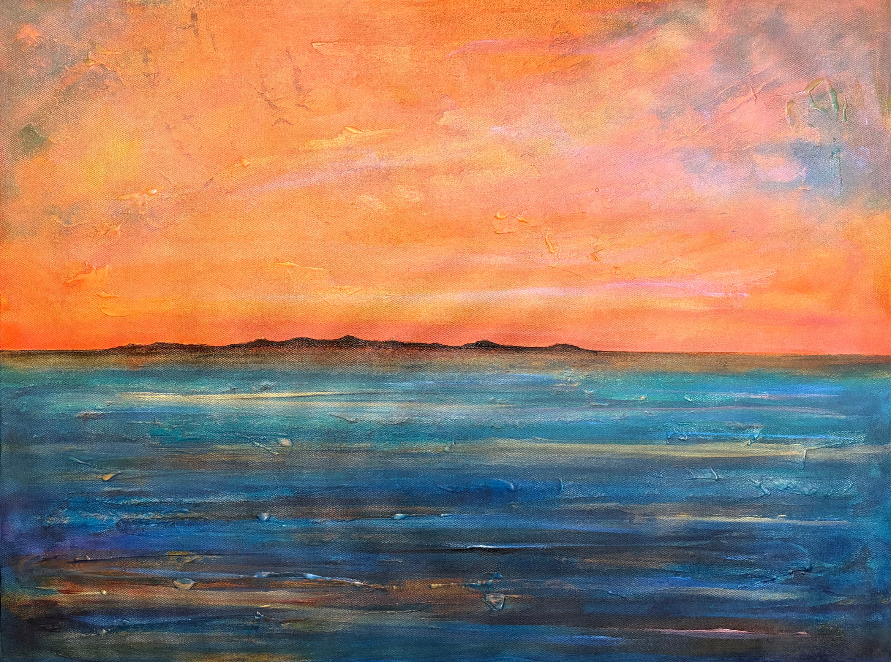 Original Sunset Ocean Painting of the Isle of Gigha in Vibrant Hues