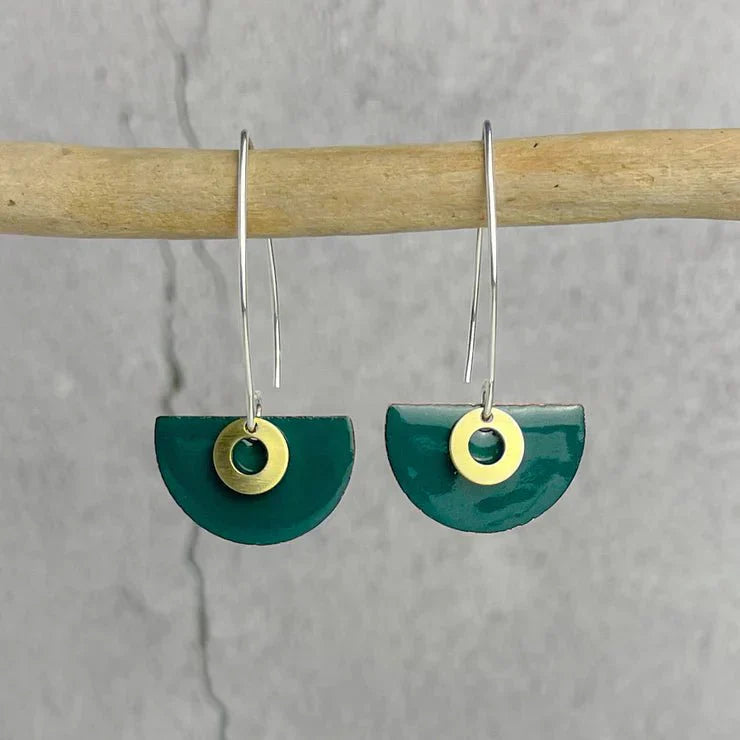 Jade green semi circle earrings with teal half-moon shapes gold-toned accents and silver fishhook wires