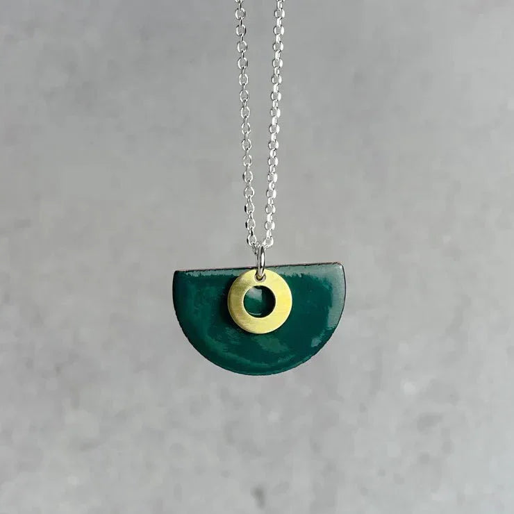 Jade green semi circle enamel pendant necklace by Lindsay Mcdowall Jewellery