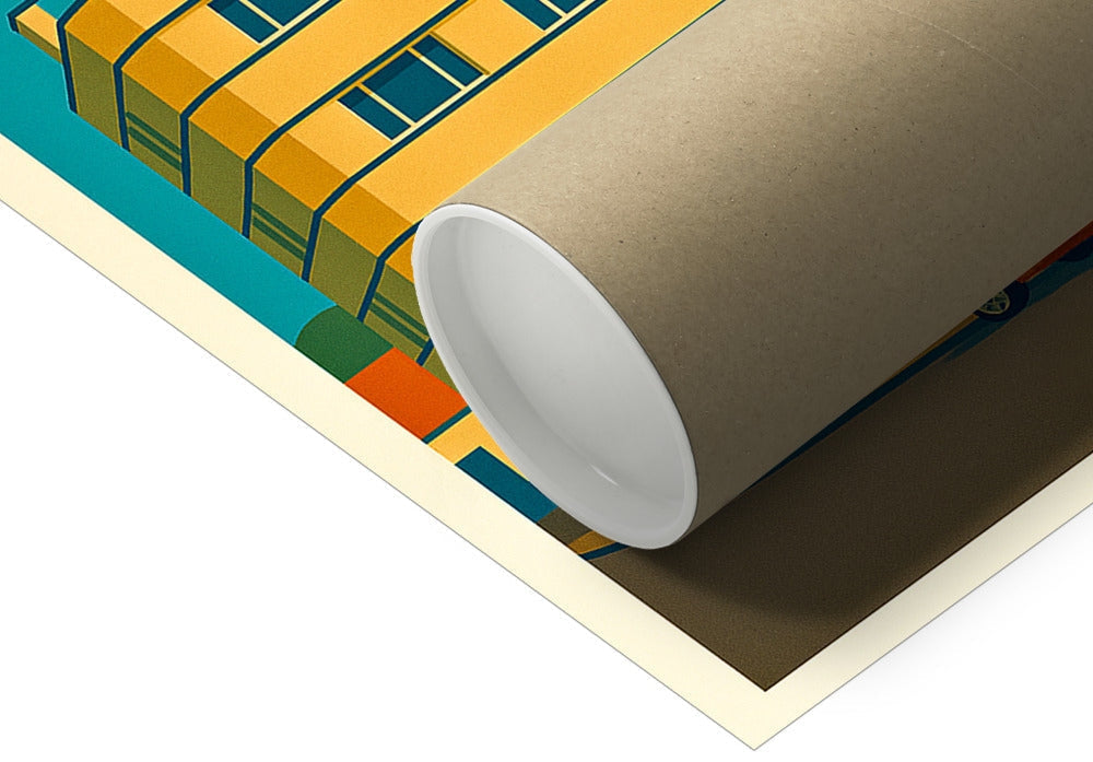 Yellow orange geometric rug with brown backing in Janeys at the Bay Hotel prints