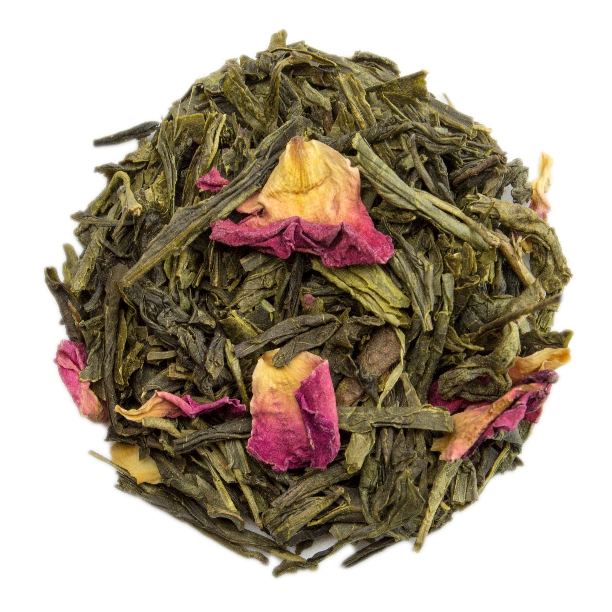 A mound of cherry sencha green tea leaves mixed with vibrant pink rose petals and yellow accents