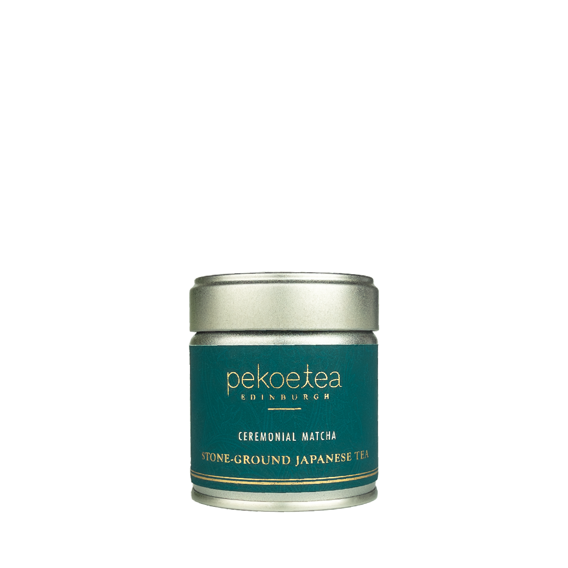 Sleek teal silver tin of Pekoe Tea Edinburgh ceremonial matcha