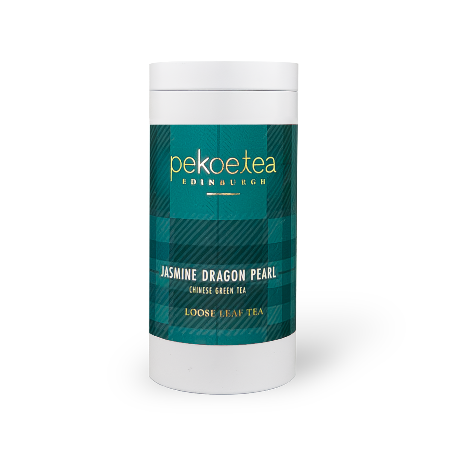 Jasmine Dragon Pearl Green Tea white tin with teal plaid label