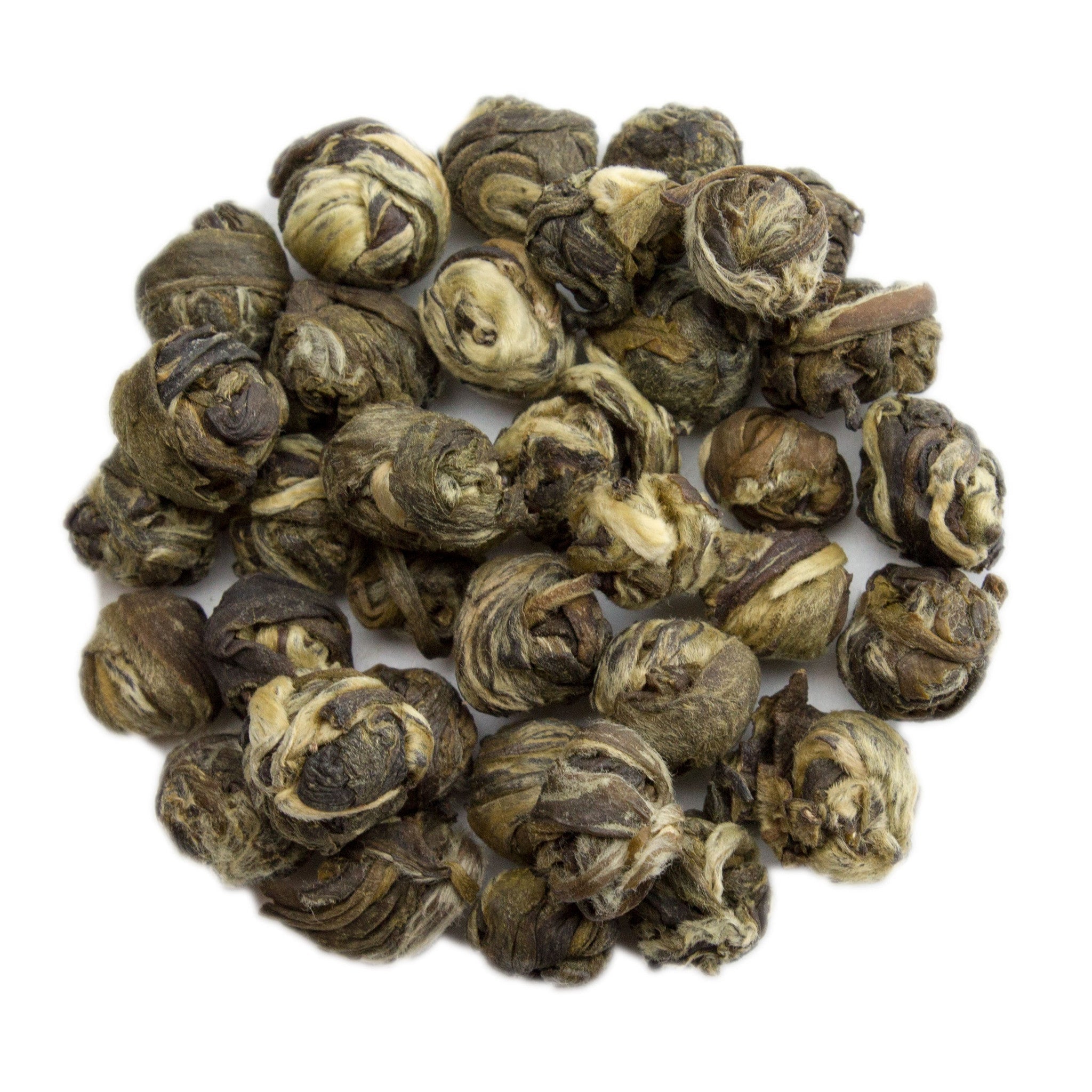 Jasmine Dragon Pearl Green Tea: pile of tightly rolled dark green and beige buds