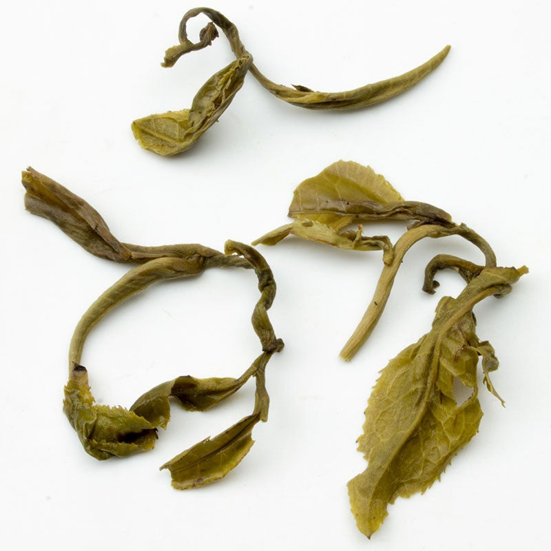Dried jasmine dragon pearl green tea leaves with curled stems and olive green to brownish hues