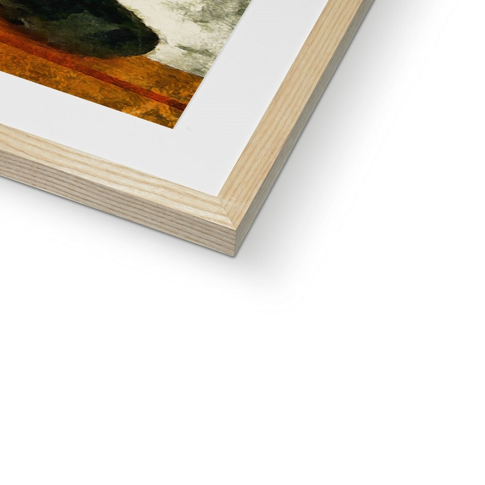 Juno abstract pet portrait art print in light wood frame with white mat