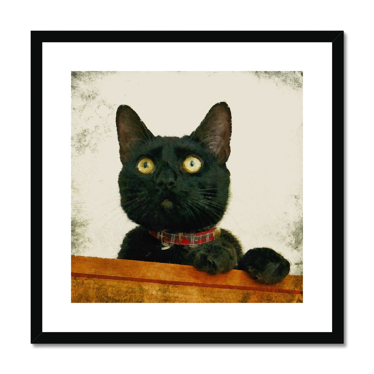 Black cat portrait in black frame with white matting and red plaid collar, Juno art print