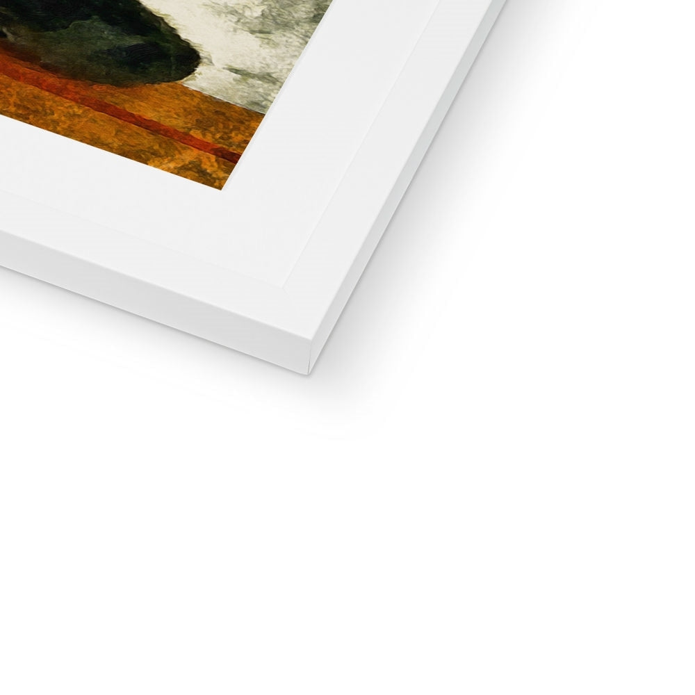 Juno white framed art print with textured abstract orange and dark green earthy tones