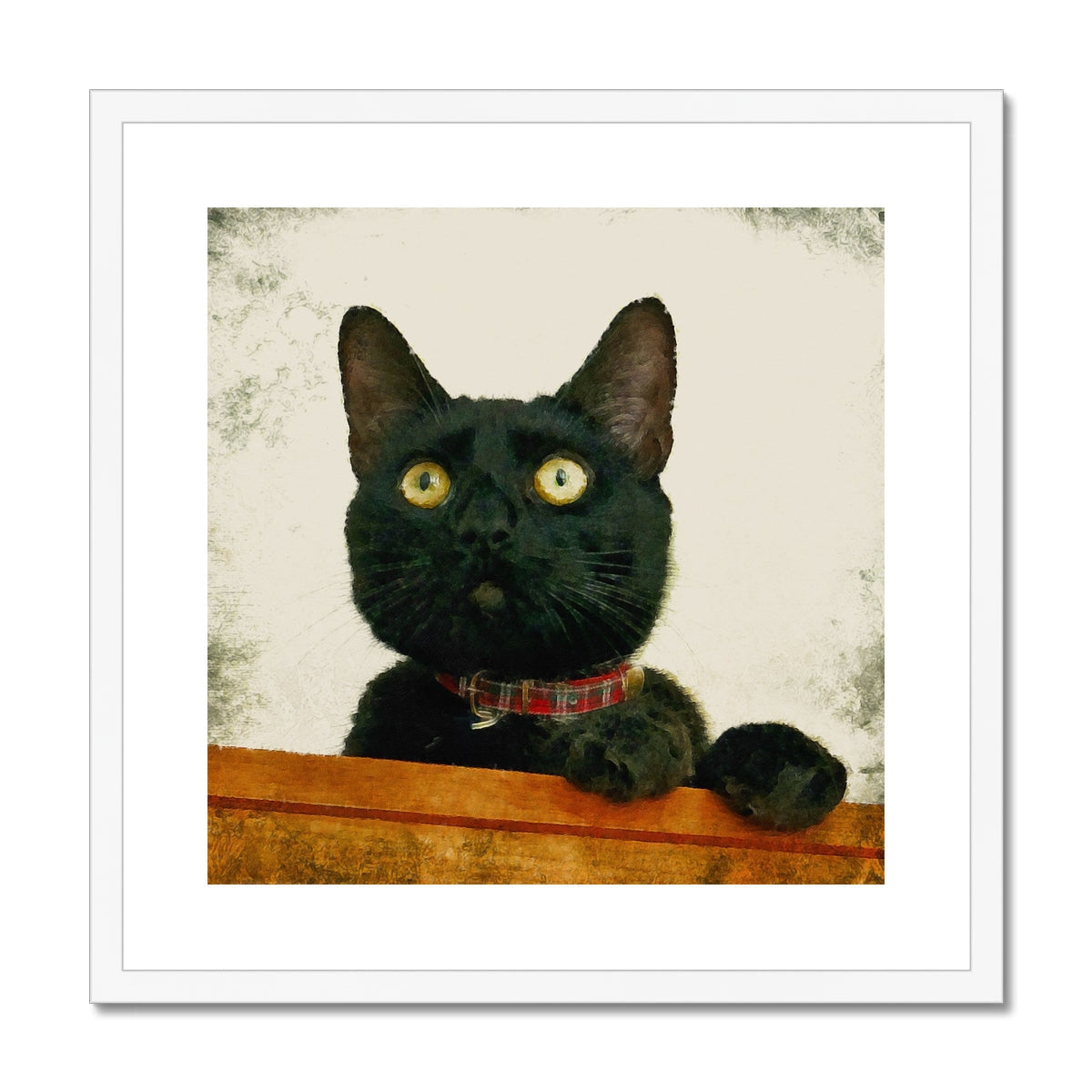 Juno black cat portrait with yellow eyes, red plaid collar, white frame, UK art print