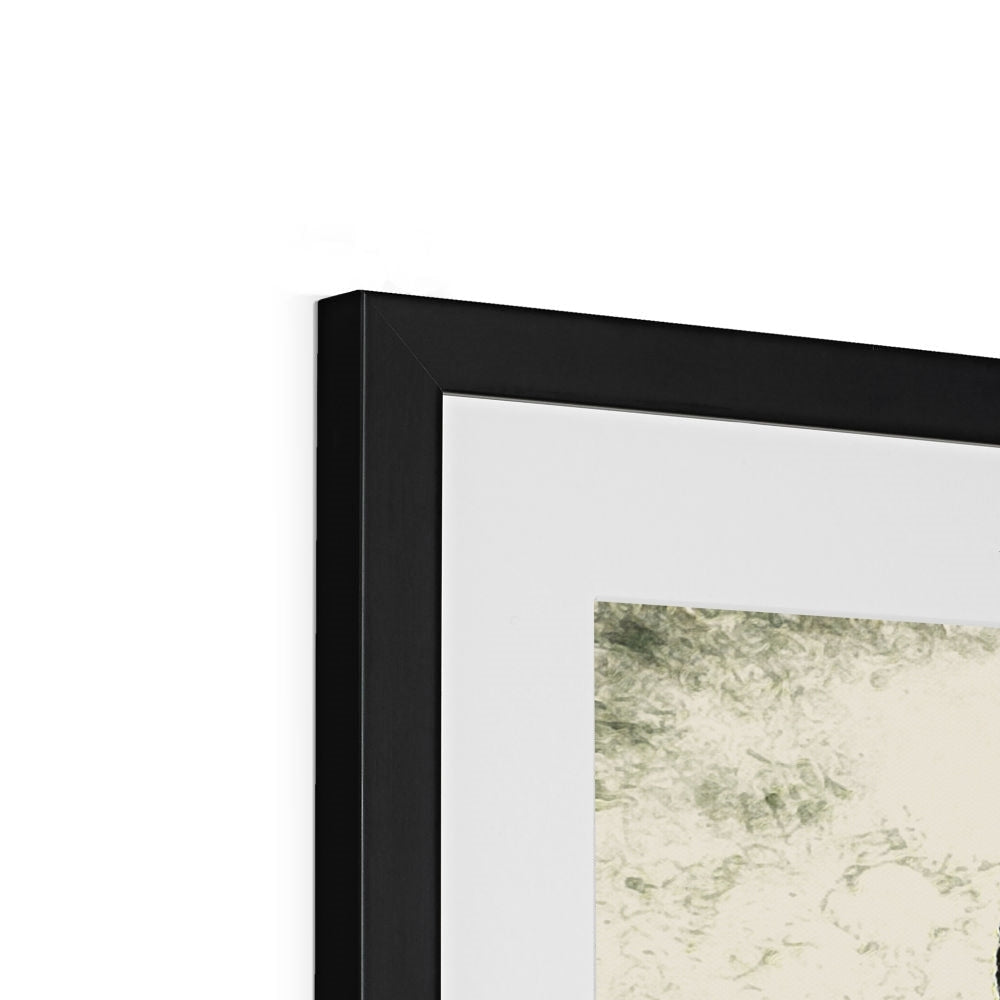 Juno black framed abstract pet portrait art print in muted green and beige