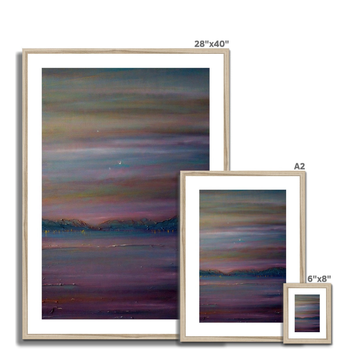 Framed abstract print of Jupiter, Venus & Moon over River Clyde in purple-blue sky