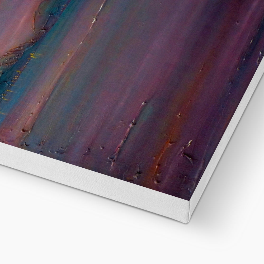 Abstract textured canvas painting of Jupiter, Venus and Moon over River Clyde in purples, blues and orange