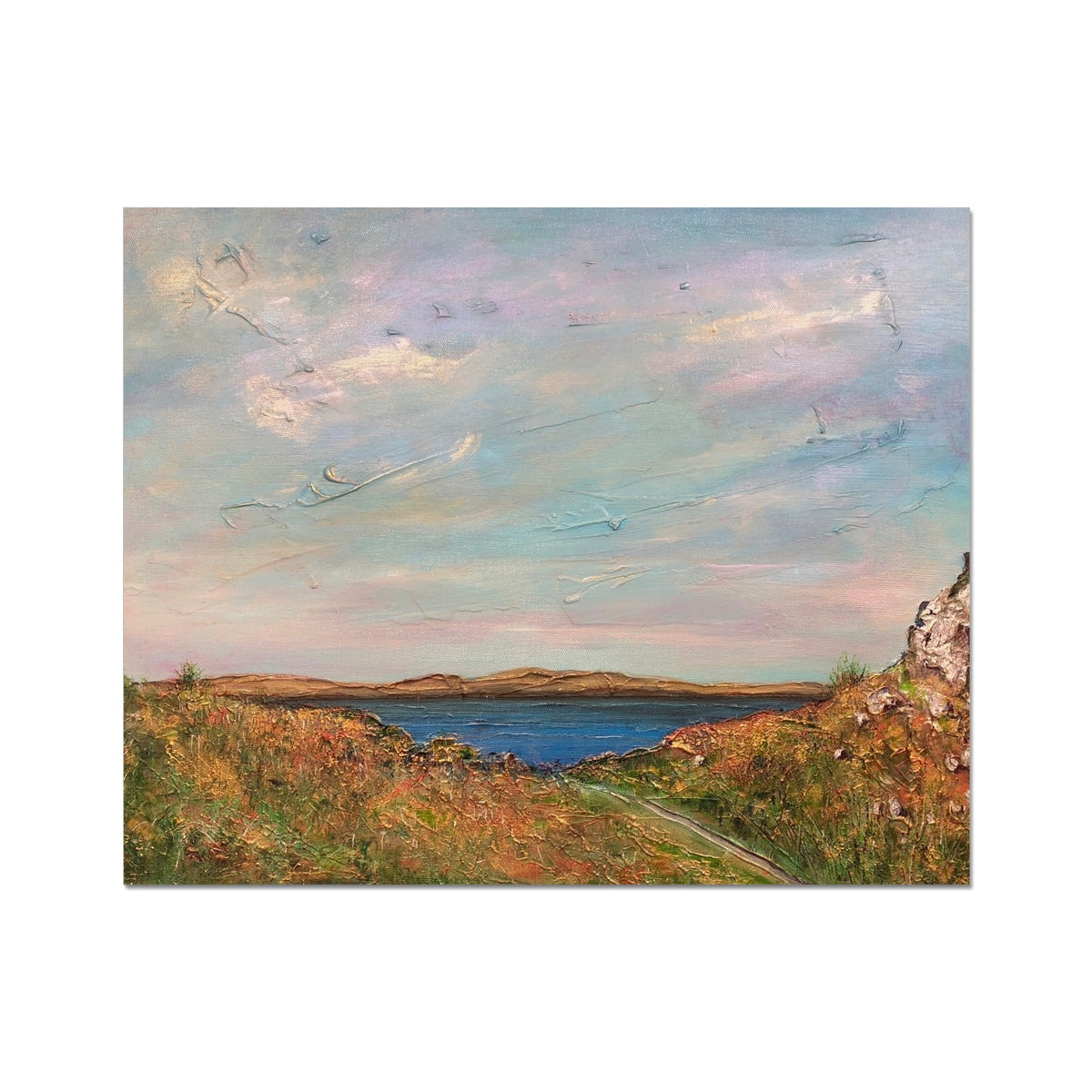 Jura From Crinan blue white abstract landscape art print with road to water