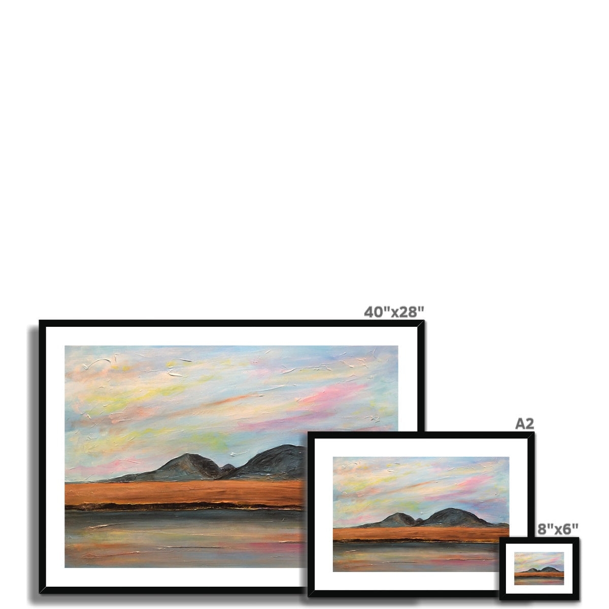 Jura Dawn 40x28 framed landscape print with mountain silhouette