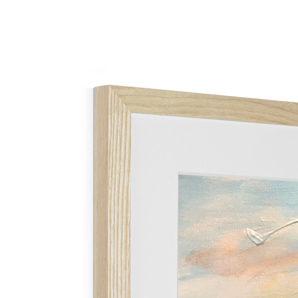 Jura Dawn light oak framed print of abstract beach scene with sand, water, seagulls