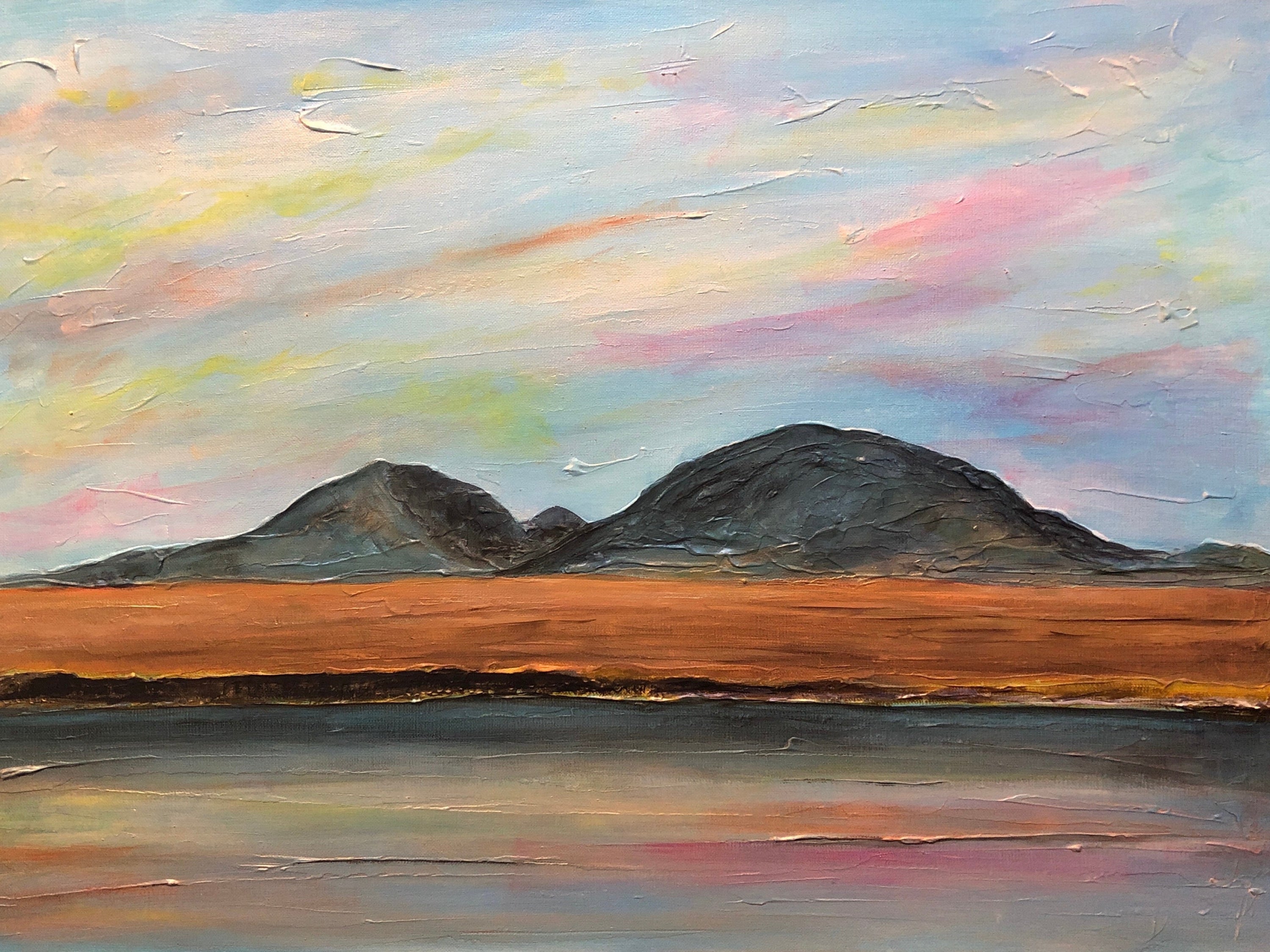 Impasto landscape painting titled Jura Dawn Original Painting displayed on a wall