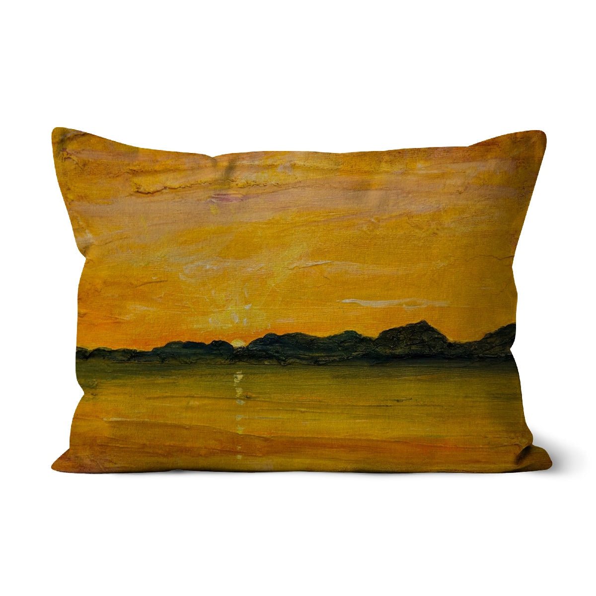 Jura Sunset Cushion: Yellow and green abstract landscape pillow