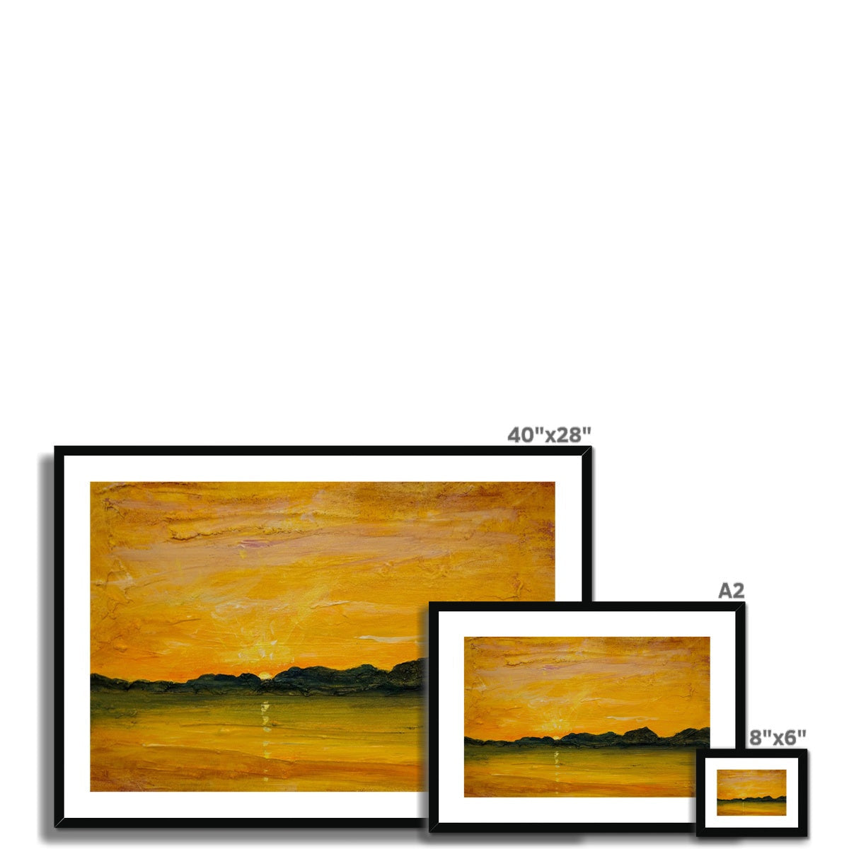 Jura Sunset framed 40x28 inch painting with golden-orange sky and mountain silhouette