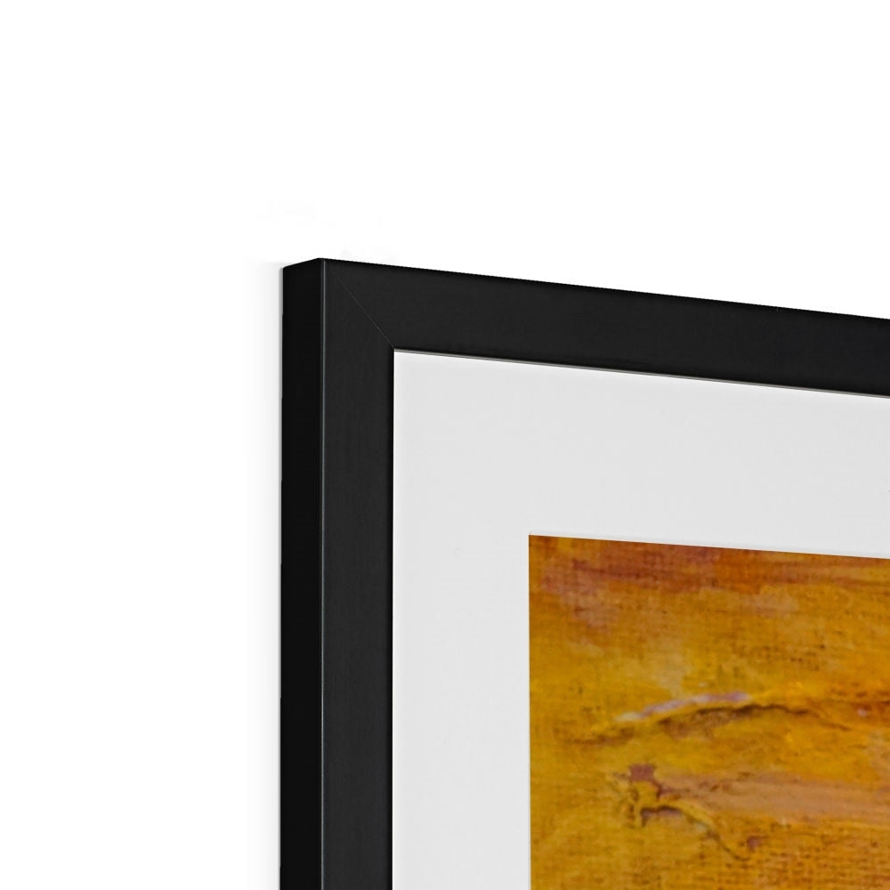 Jura Sunset Art Print: Black-framed abstract landscape in yellow and brown tones