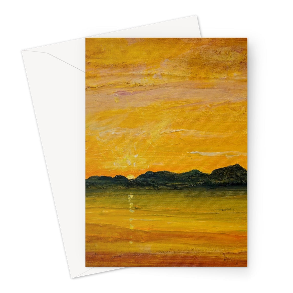 Jura Sunset Greeting Card with yellow orange textured sunset design