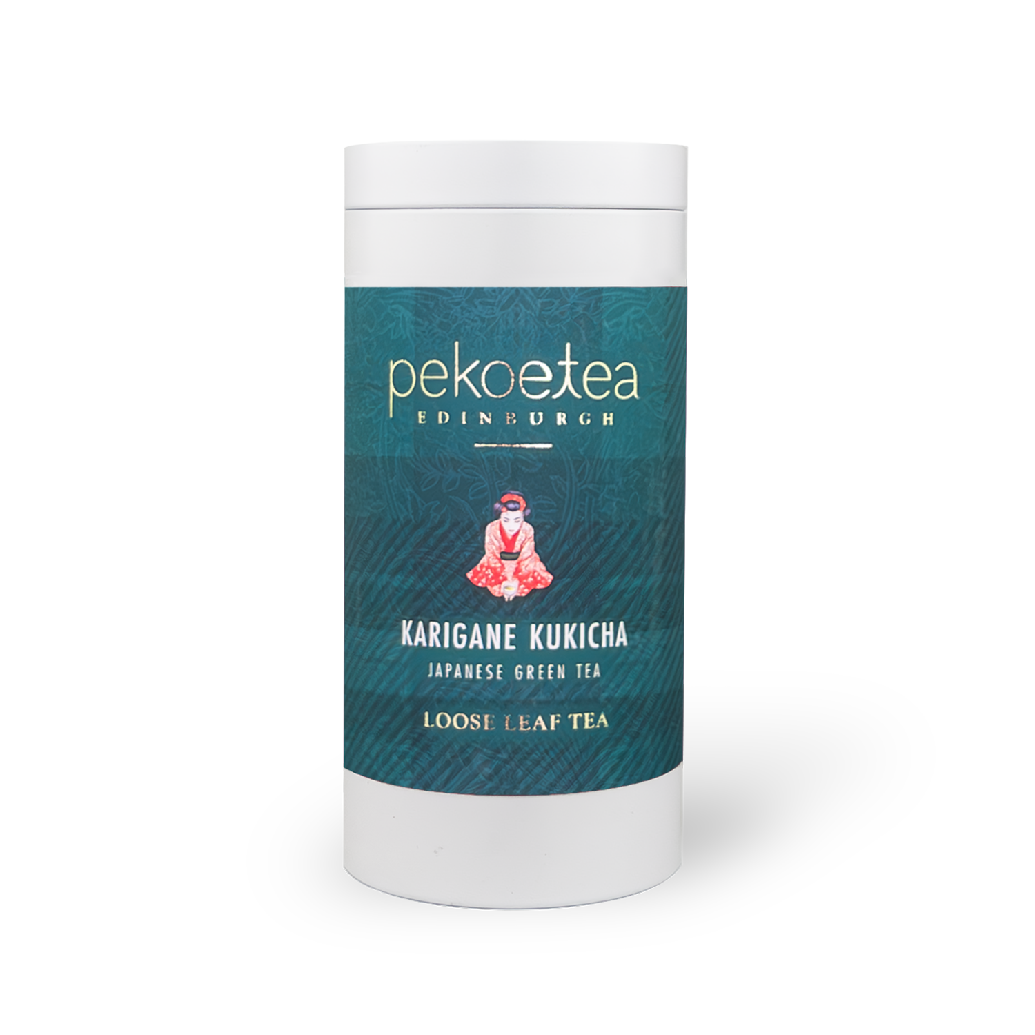 Karigane Kukicha green tea white cylindrical container with teal label