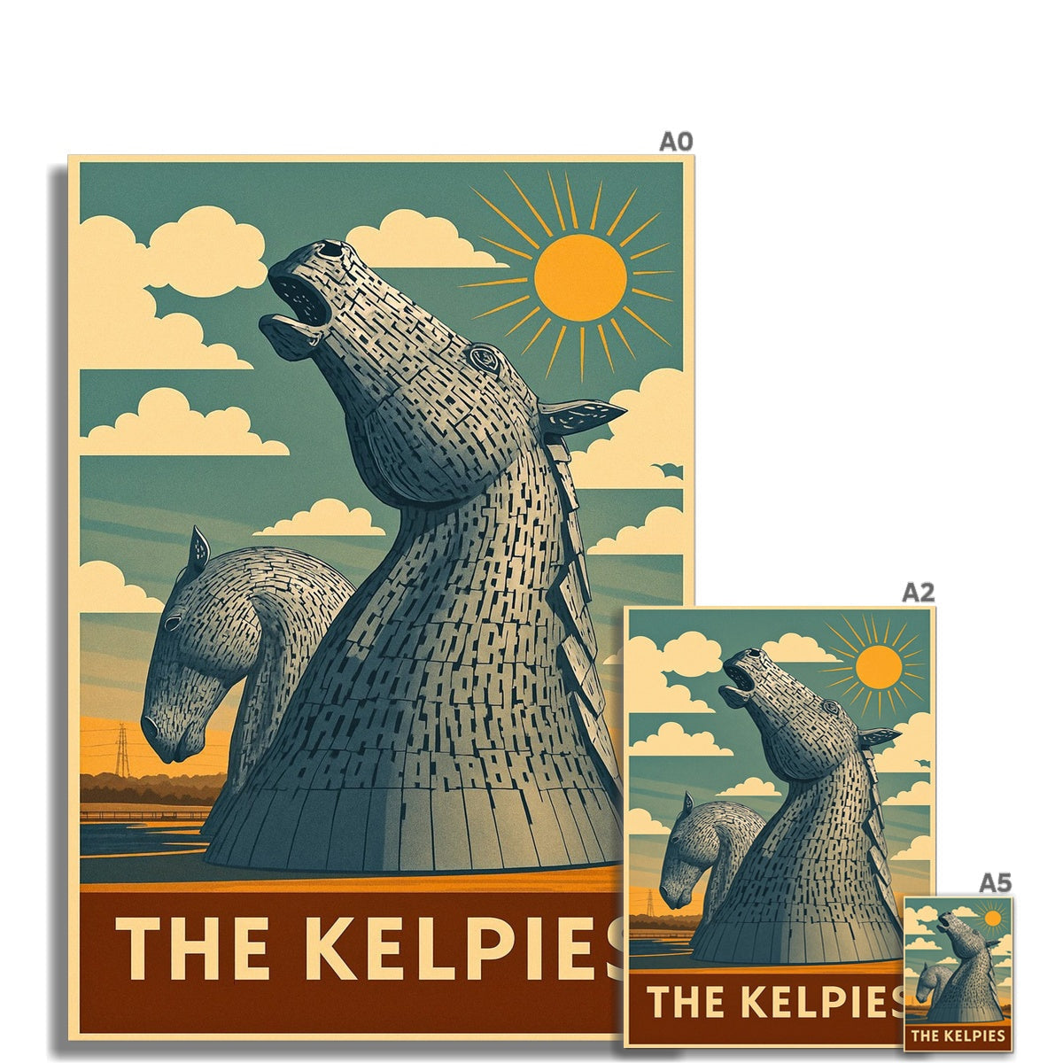 Retro Kelpies horse sculptures poster with sun and clouds in muted tones