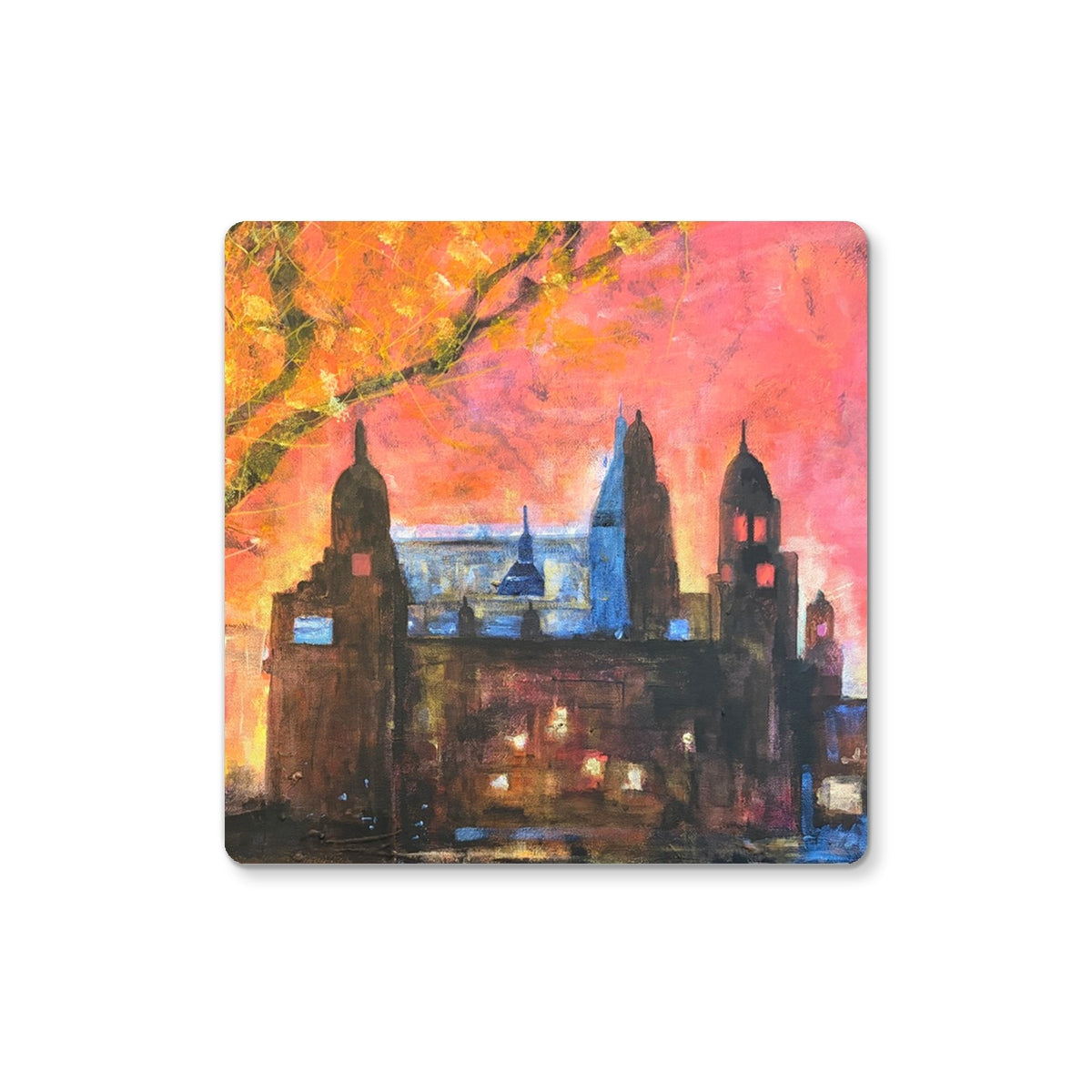 Kelvingrove Art Gallery Dusk Coaster with vibrant cityscape at dusk