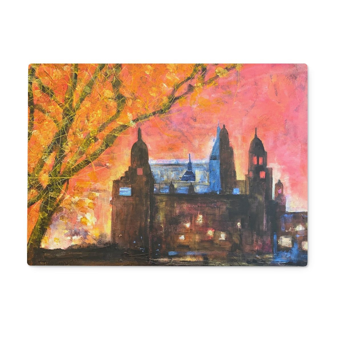 Vibrant Kelvingrove Art Gallery dusk abstract cityscape on chopping board