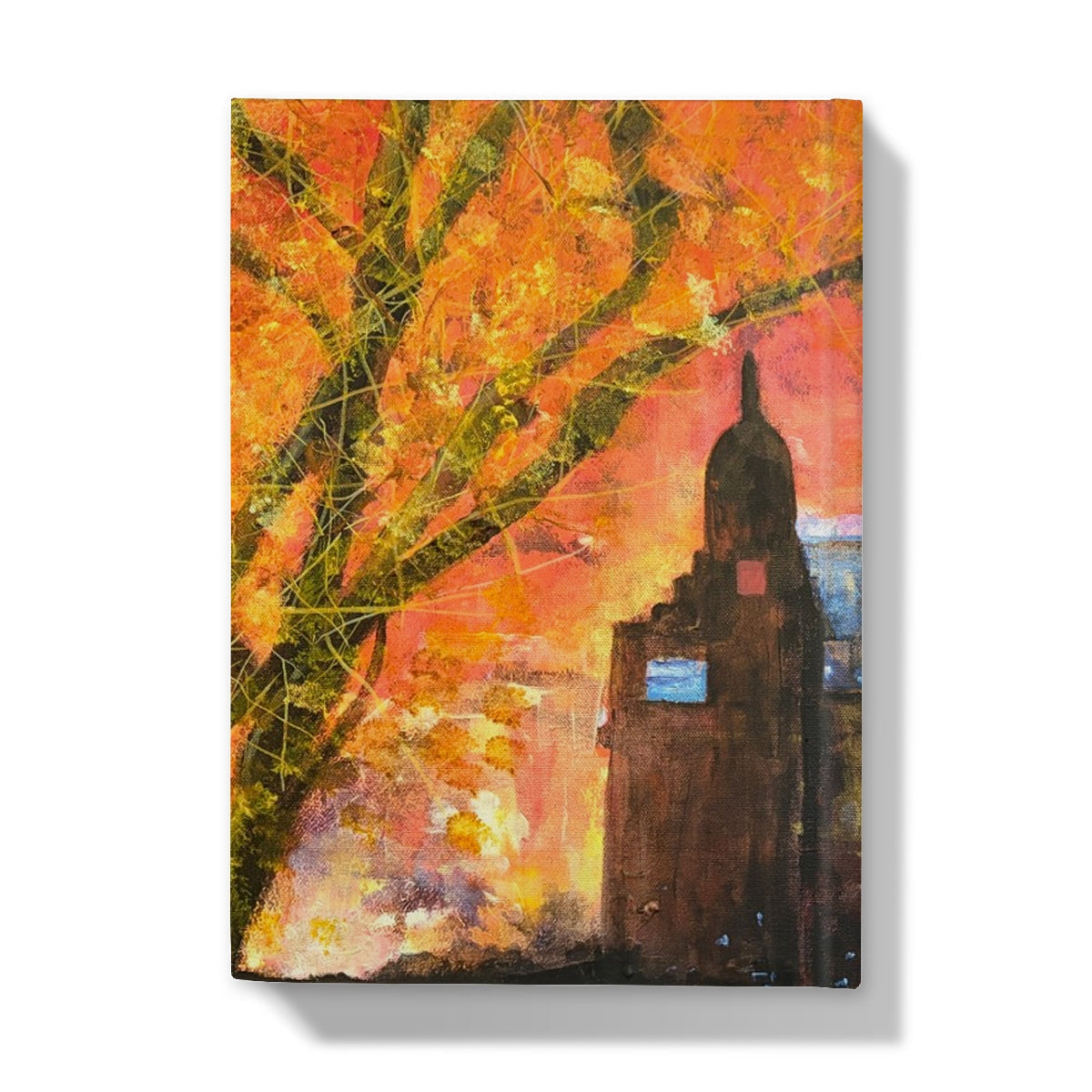 Vibrant orange yellow autumn tree painting with Kelvingrove Art Gallery dusk silhouette in hardback journal