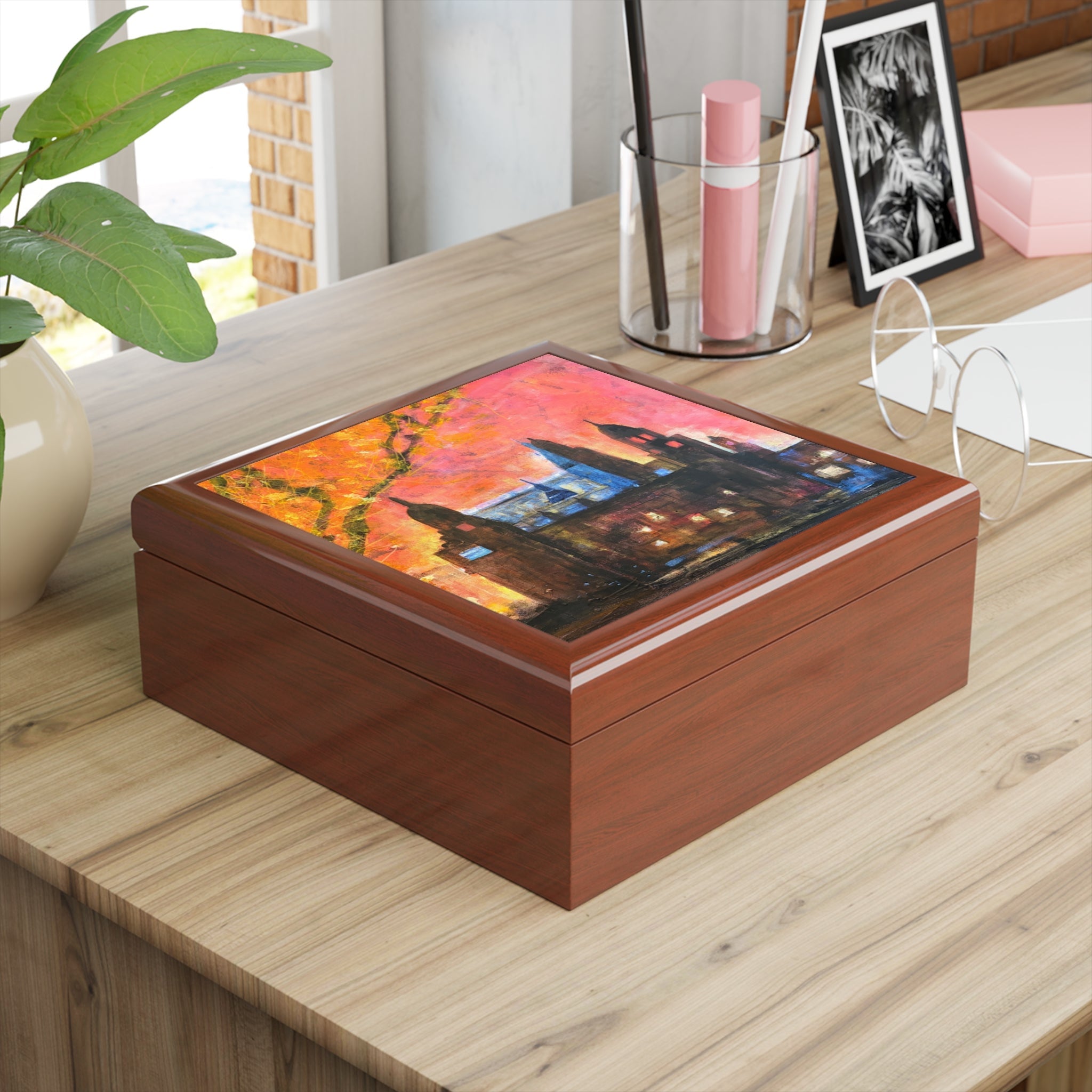 Kelvingrove Art Gallery Dusk jewellery box with vibrant cityscape lid