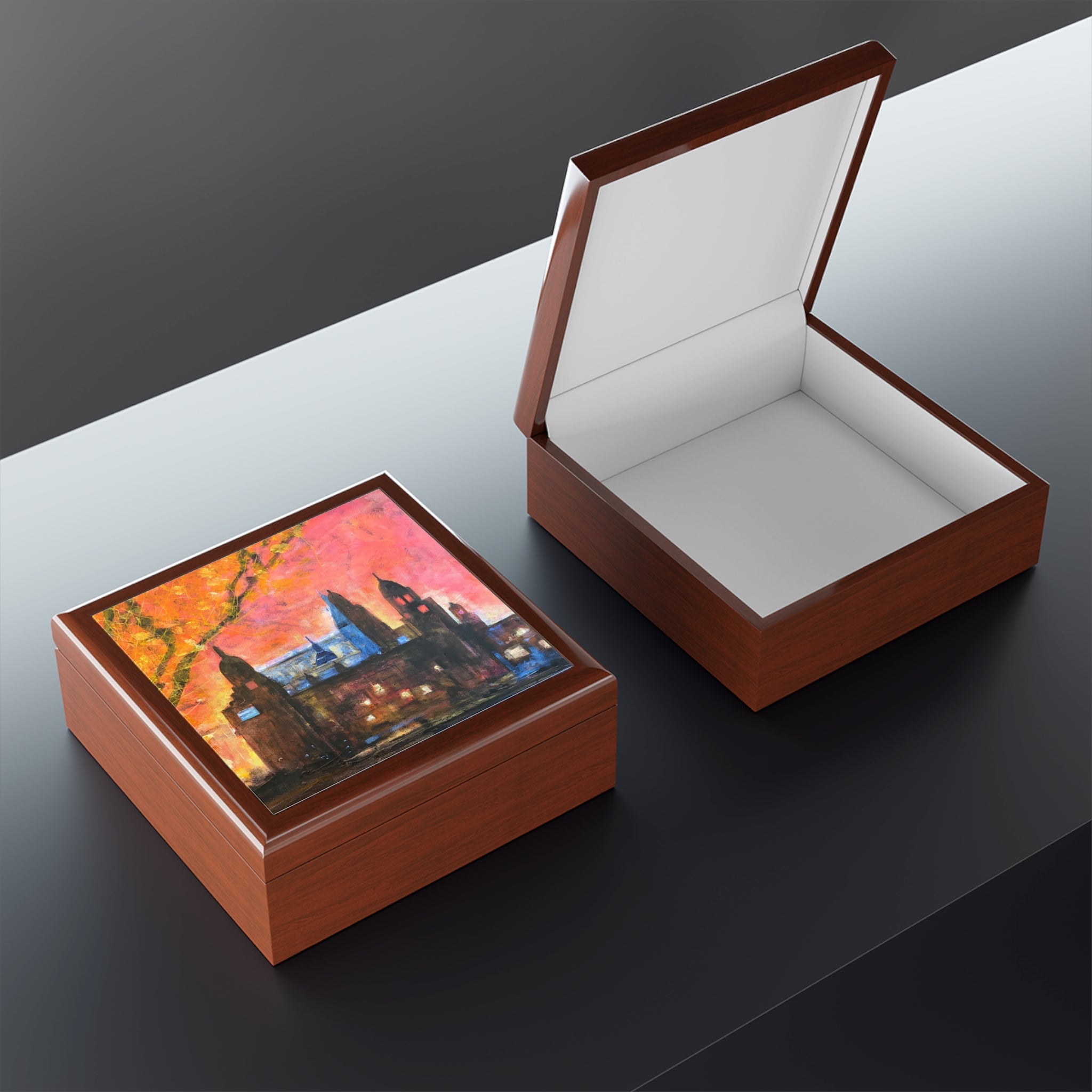 Brown wooden jewelry box with Kelvingrove Art Gallery dusk cityscape lid