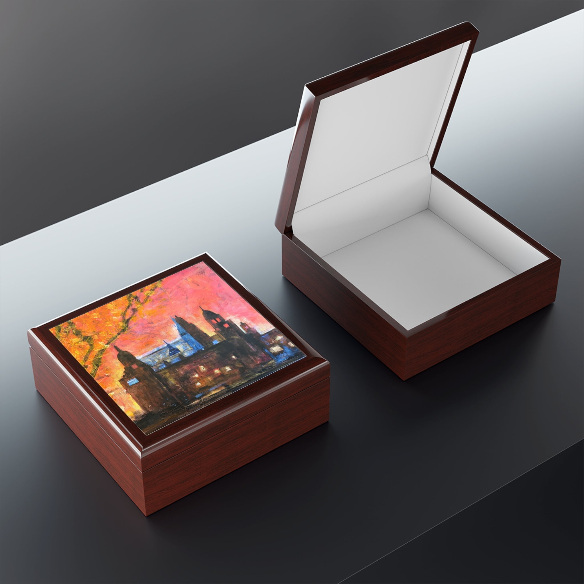 Kelvingrove Art Gallery Dusk Jewellery Box with sunset cityscape lid
