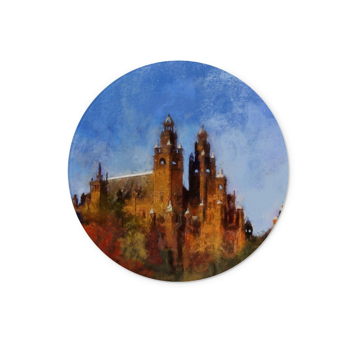 Kelvingrove Art Gallery glass chopping board with castle coaster