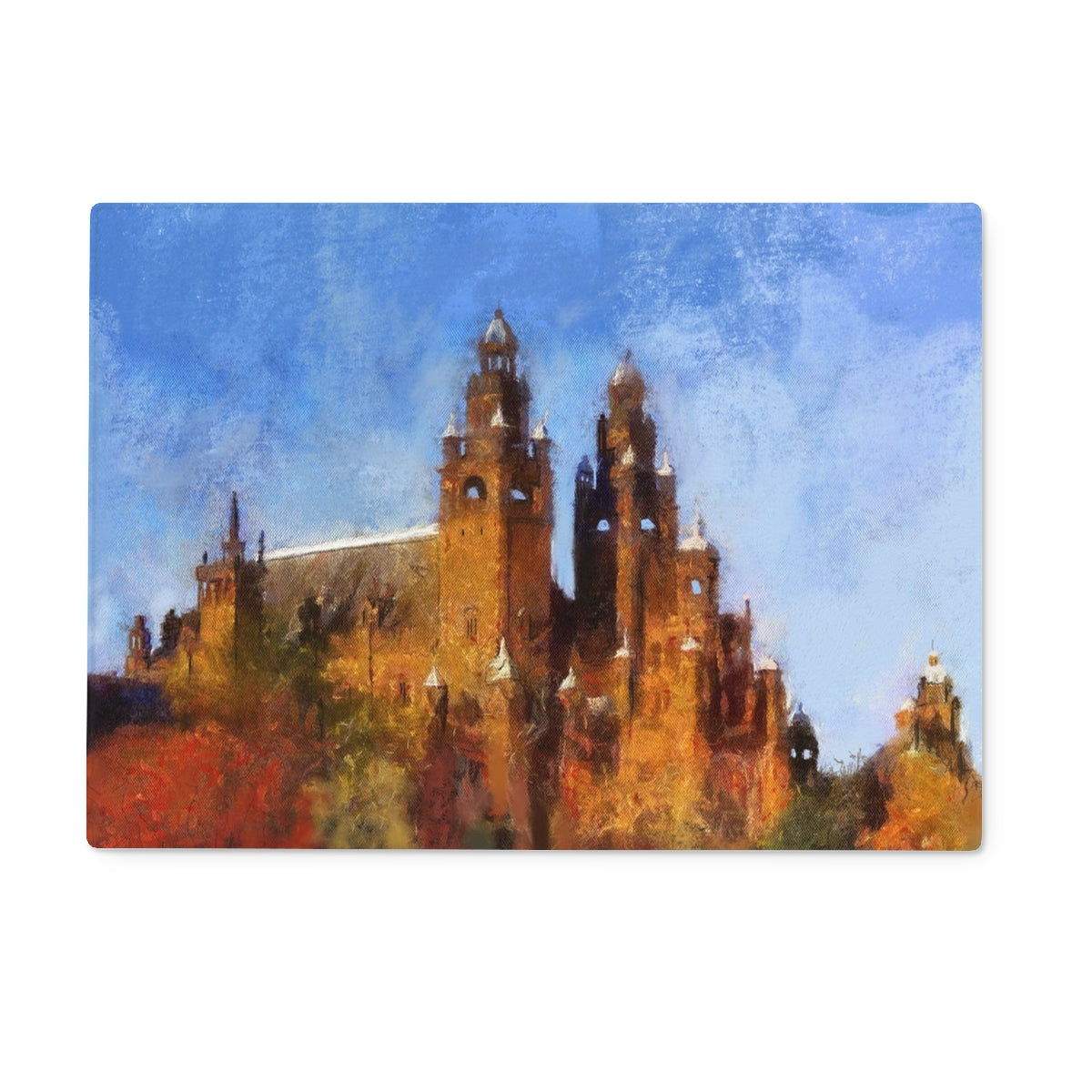 Impressionistic painting of Kelvingrove castle on glass chopping board