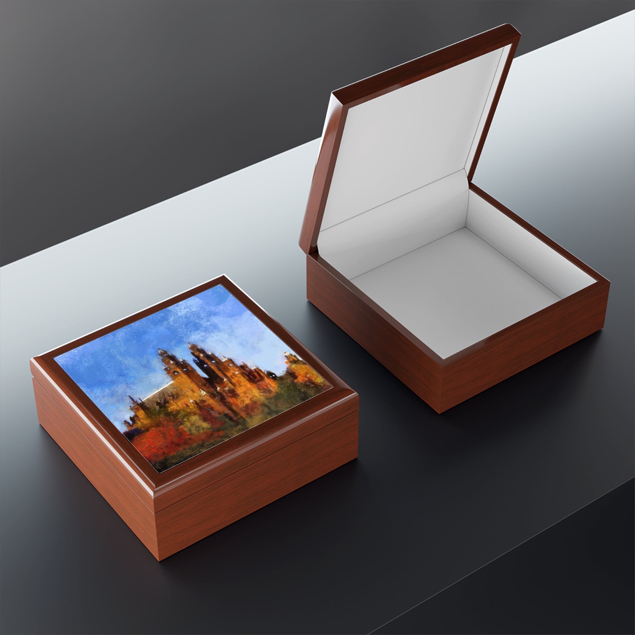 Brown wooden jewellery box with Kelvingrove Art Gallery autumn landscape lid