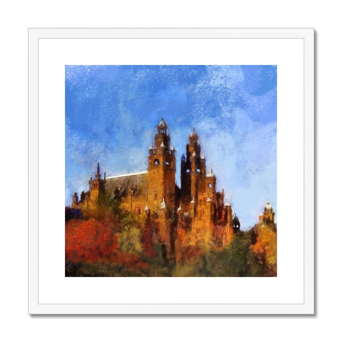 Kelvingrove Art Gallery framed print of ornate cathedral with orange stone towers and blue sky
