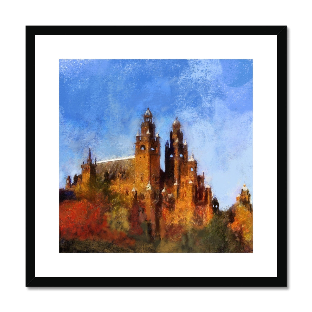 Framed Kelvingrove Art Gallery print of ornate cathedral with towers against blue sky